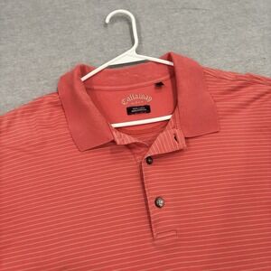 Callaway Golf Mens XXL Polo Shirt Coral Pink White Striped 100% Cotton Short Slv